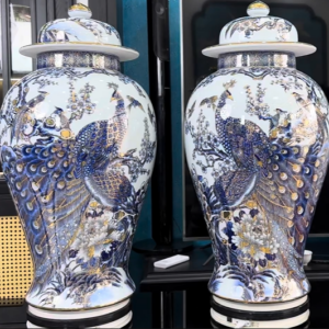 Imperial Peacock Ceramic Jar Pair